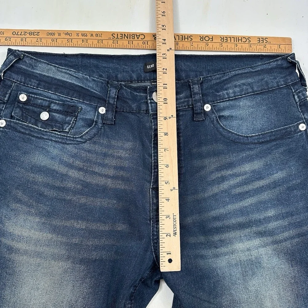 True Religion Geno Jeans Mens 36x32 Relaxed Slim Blue Flap Pockets Thick Stitch